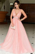 A Line Deep V Neck Sweep Train Pink Chiffon Prom Dress with Beading LBQ3293